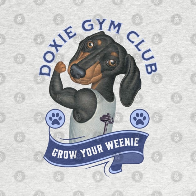 Cute Doxie Gym Club Member to Grow Your Weenie in Blue by Danny Gordon Art